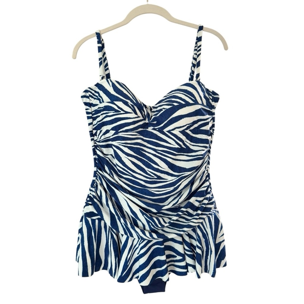 Chaps Skirted Pin Up One Piece Swimsuit Size 16 XL Zebra Print Blue White